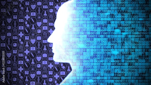 AI Computing and Thinking Medical Technology HUD including Binary Code with Head Shape Background Ver.1 of 3 (Full Screen)