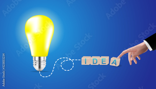 Concept of business strategy and idea innovation. Isolated of giant lamp with hand and wooden dices on background. Vector illustration design.