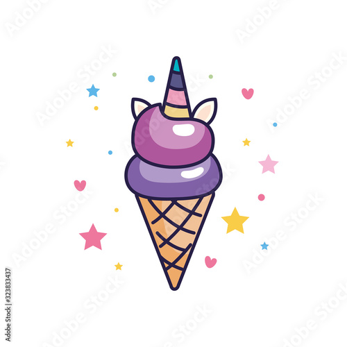 cute unicorn ice cream with hearts and stars decoration vector illustration design