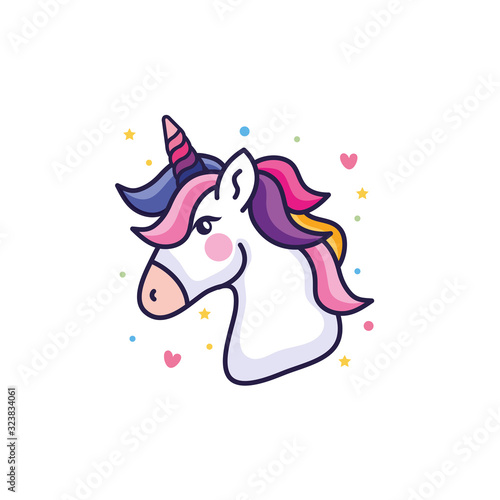 head of cute unicorn fantasy with hearts and stars decoration vector illustration design