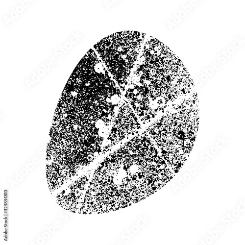 Abstract handmade artwork. Modern liquid egg shape, bubble, blob. Distressed texture. Ink splatter surface trace. Halftone grainy background. Isolated on white. Vector stock illustration EPS 10