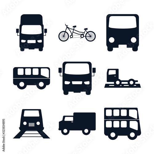 Isolated transportation vehicles silhouette style icon set vector design