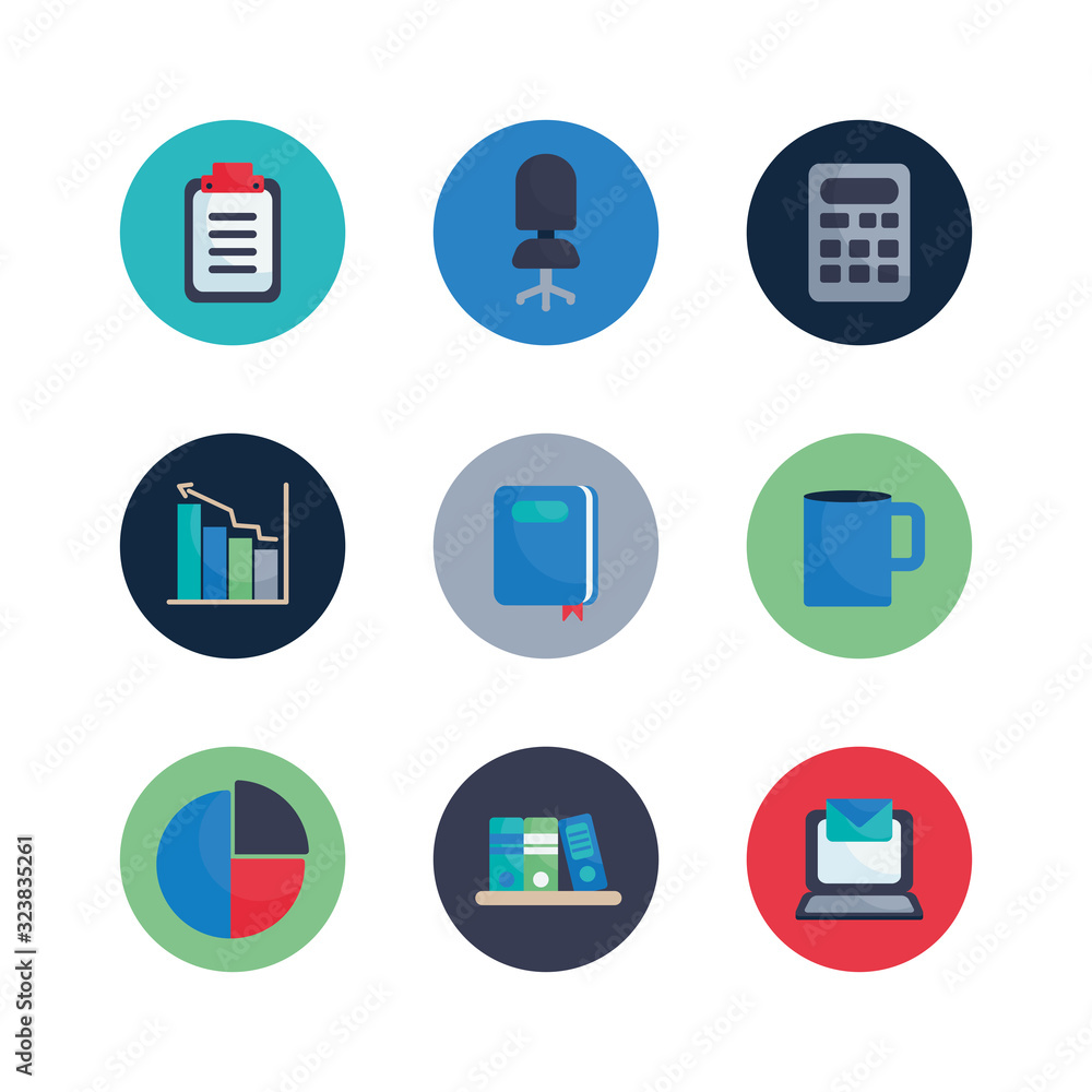 Isolated office flat block style icon set vector design