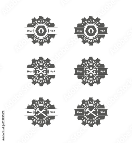 Set of black and white logos for service and repair. Vector illustration of gear, nut, hammer and wrench with text on a white background. Workshop logo.