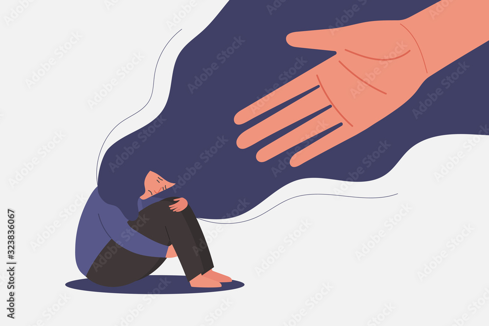 human hand helps unhappy and sad young woman in depression sitting ...