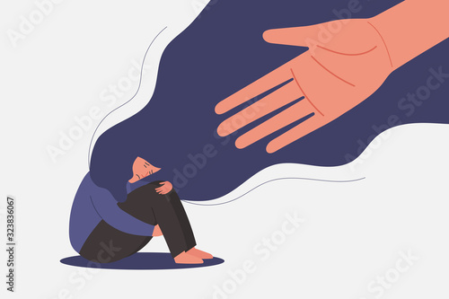 human hand helps unhappy and sad young woman in depression sitting, lonely girl hugging knees, sorrow, mental health concept, cartoon female character vector flat illustration