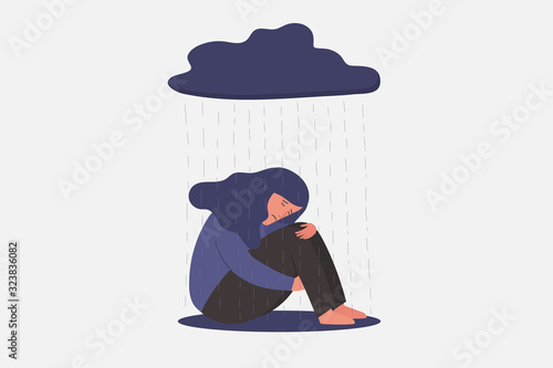 unhappy and sad young woman in depression sitting and hugging her knees, under rainy cloud, sorrow, sadness, mental health concept, cartoon female character vector flat illustration