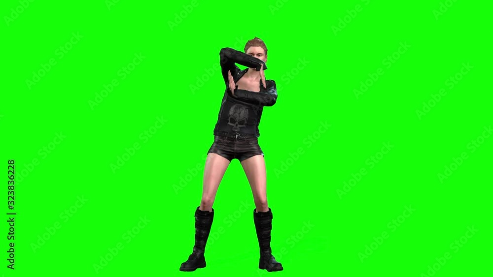 4K 3d animation of a young girl in leather jacket short pants and knee length boots, dances 4K 3d animation of a young girl in leather jacket short pants and knee length boots, dances