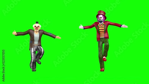 4k 3d animation of two clowns in colourful clothes dancing in street dance style