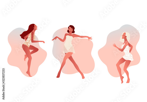 Set of happy sexy girls or friends dancing and laughing. Women's Day.Vector illustration, template with beautiful women for greeting card, poster or flyer.