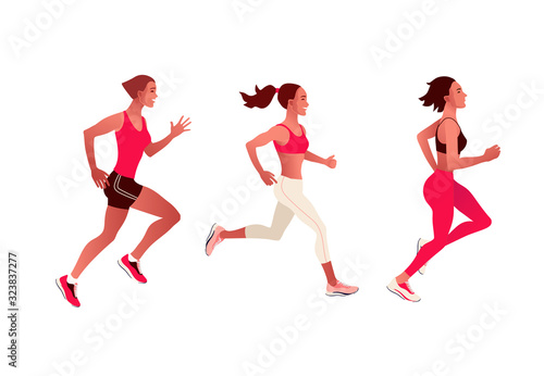 Running multinational people. Men and women jogging or running marathon outdoor. Sports competition, workout or exercise, athletics. Active lifestyle. Flat colorful vector illustration.