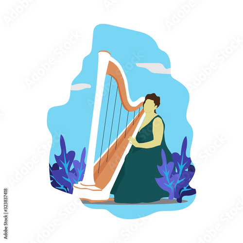 Musician playing harp vector illustration. Classical music orchestra artist with music instrument in flat design.