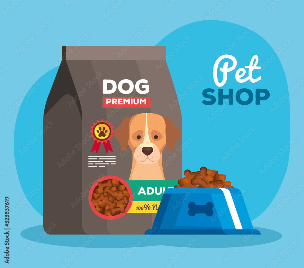 Plakat pet shop with dish and bag food dog vector illustration design