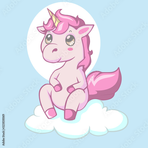 Cute kawaii unicorn pony cartoon sitting on clouds © frescostudio