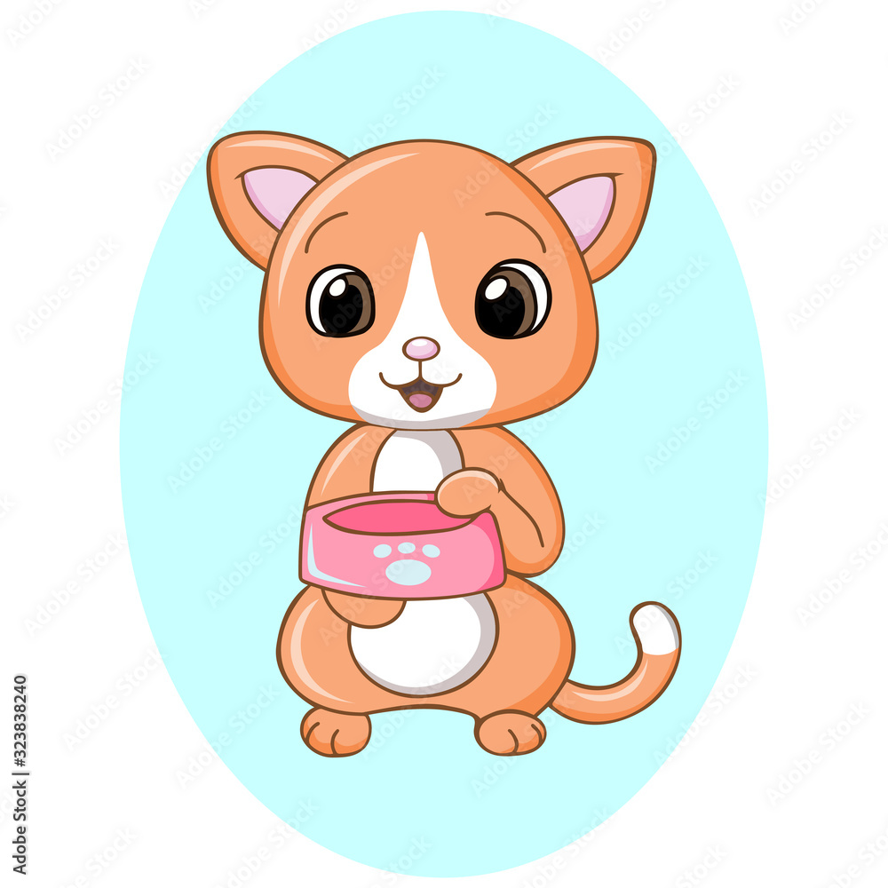 Cute kawaii cat holding food bowl