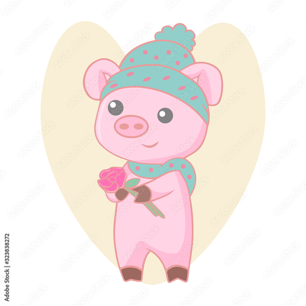 Obraz premium Cute little pig in winter hat and scarf with flower