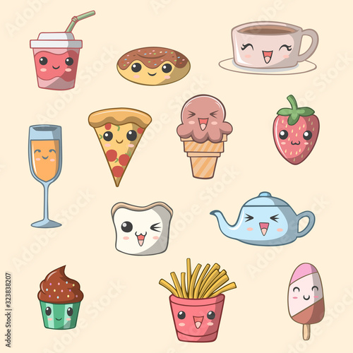 Set of cute kawaii breakfast food and beverages