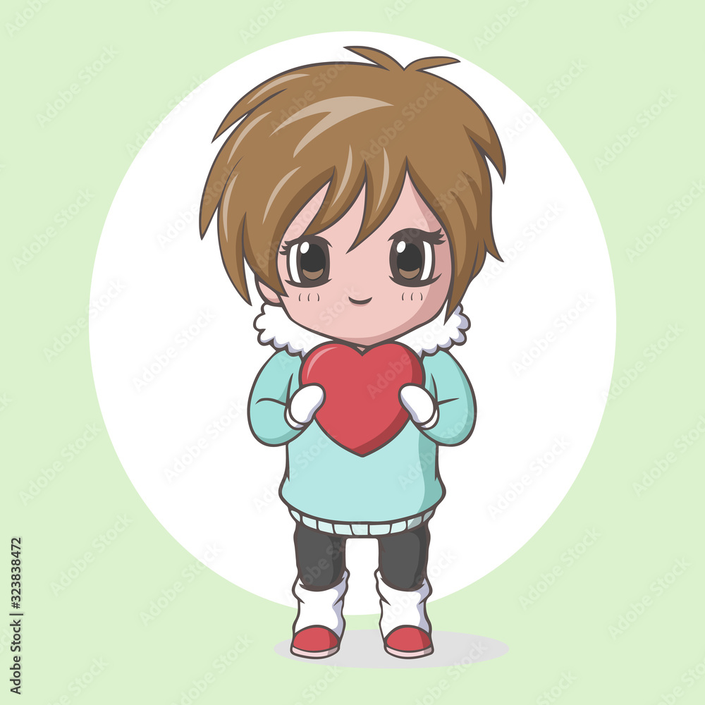 Cute kawaii little boy holding red heart Cute kawaii little boy holding red heart