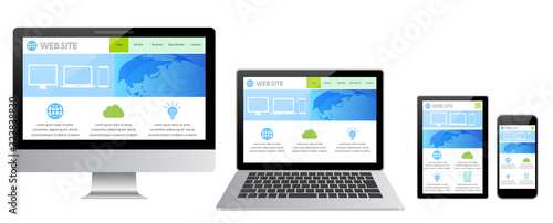 ウェブページを表示したノートパソコンとスマホとタブレット-白色背景