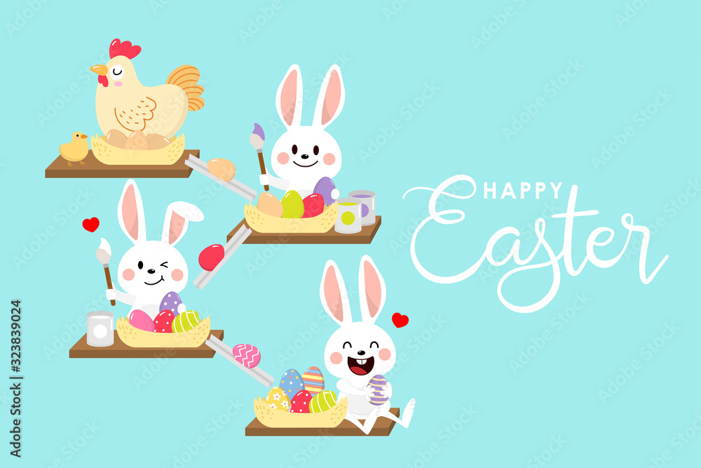 Happy Easter greeting card with cute white bunny and eggs. Welcome spring season with rabbit. Animal wildlife holiday cartoon character. -Vector. Happy Easter greeting card with cute white bunny and eggs. Welcome spring season with rabbit. Animal wildlife holiday cartoon character. -Vector.
