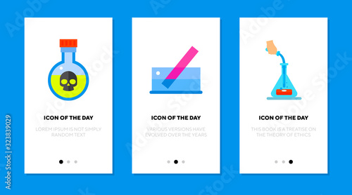Chemical reagent flat icon set. Experiment, science, test isolated vector sign pack. Chemistry and experiment concept. Vector illustration symbol elements for web design and apps