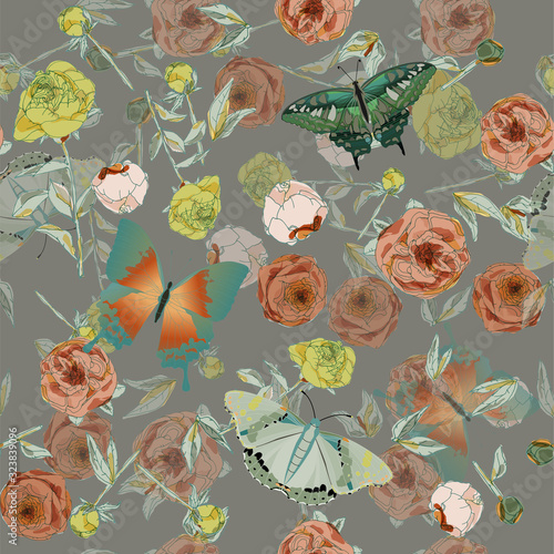 Butterfly and leaves, stems and inflorescences of peonies and roses vector illustration. Picture with pink, blue and white flowers on aquamarine background. Endless pattern. EPS10