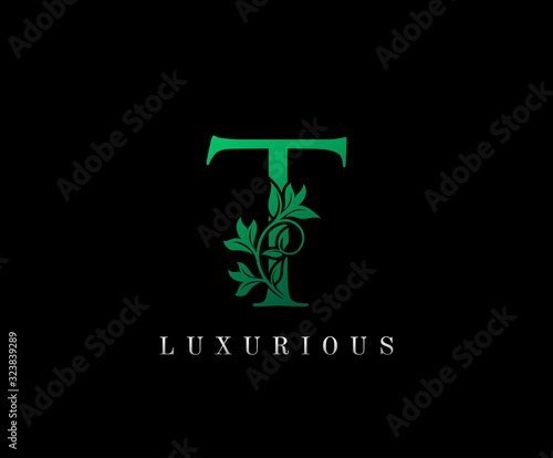 Royal Green letter T. Graceful royal style. Calligraphic beautiful logo. Vintage drawn emblem for book design, florist, brand name, business card, Restaurant, Boutique, Hotel. 