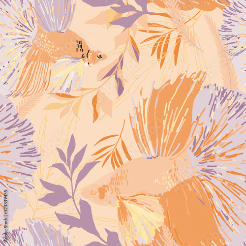 Endless pattern with goldfish and algae. Vector illustration. Marine theme, bright saturated colors on aquamarine background. The undersea, anderwater world. Imitation draw of watercolor.