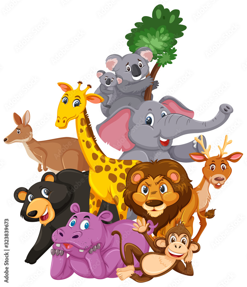 Naklejka premium Różne rodzaje dzikich zwierząt na białym tle