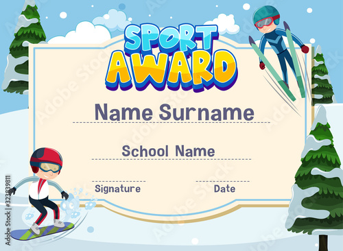 Certificate template for sport award with kids playing ski