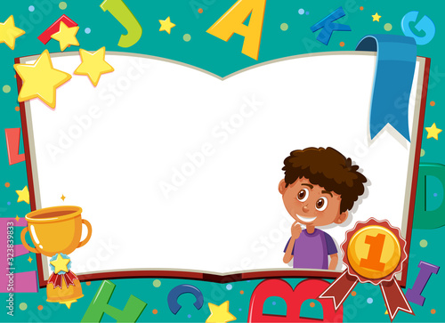 Banner template with happy boy and english alphabets in background
