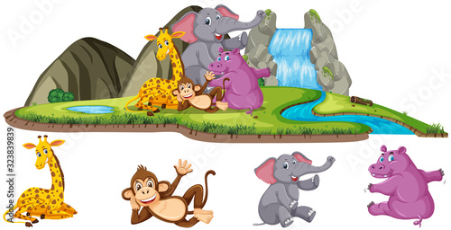Scene with four types of animals by the waterfall