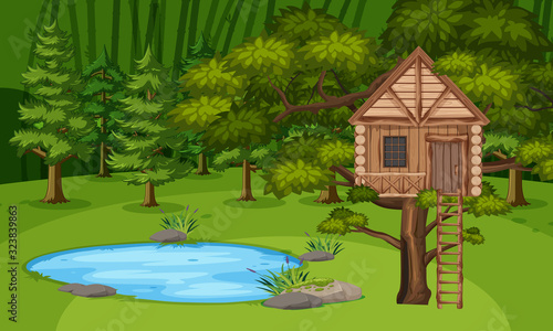 Scene with wooden treehouse in the forest