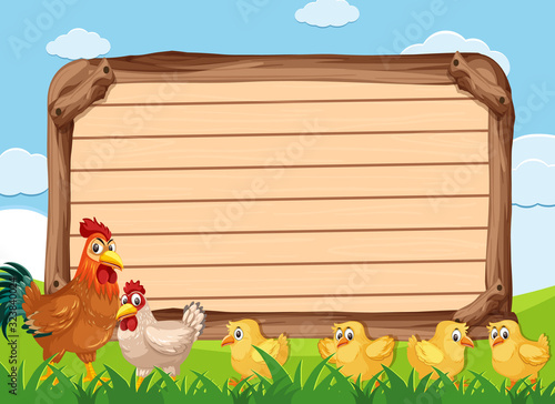 Wooden sign template with many chickens in the farmland