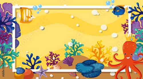 Frame design with sea creatures swimming under the ocean background