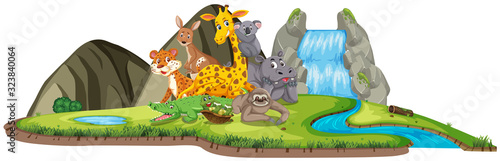 Scene with many wild animals by the waterfall