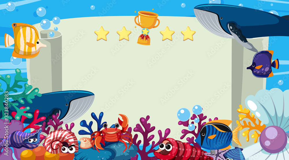 Naklejka premium Banner template with sea creatures swimming in the ocean