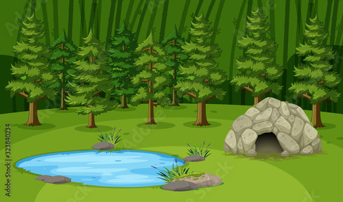 Scene with little cave by the pond in the big forest