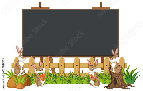 Blackboard template design with many rabbits in the garden