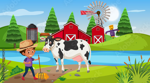 Scene with boy and cow on the farm