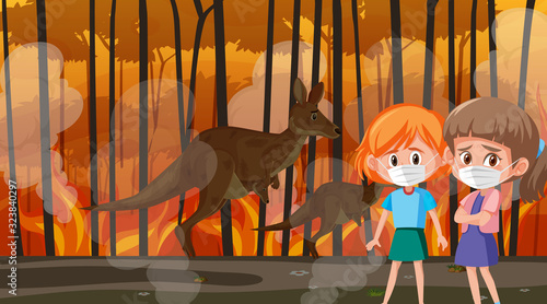 Scene with girls and animals in the big wildfire