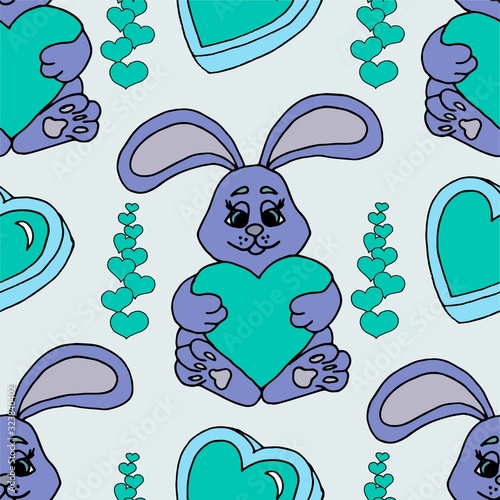 Valentine's day seamless pattern with hearts and a bunny.. Beautiful greeting card with valentines day seamless pattern. Red heart valentine love logo vector. Holiday background.Vector illustration