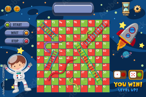 Snakes and ladders game with man and spaceship
