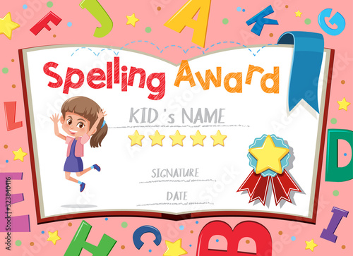 Certificate template for spelling award with english alphabets in background