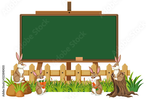 Blackboard template design with many rabbits in the garden
