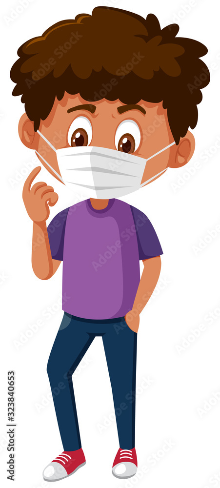 Sad looking boy wearing mask on white background