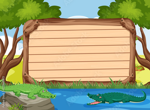 Wooden sign template with crocodiles in the park