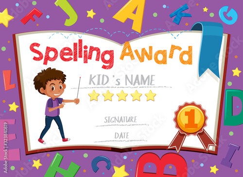 Certificate template for spelling award with alphabets in background