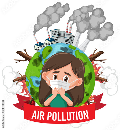 Poster design for stop pollution with girl wearing mask