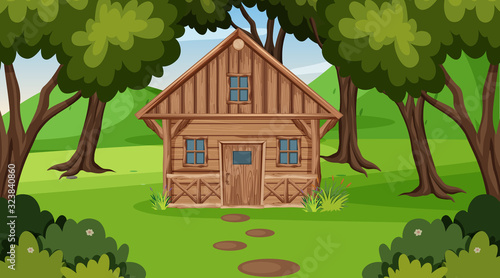 Scene with wooden cottage in the field